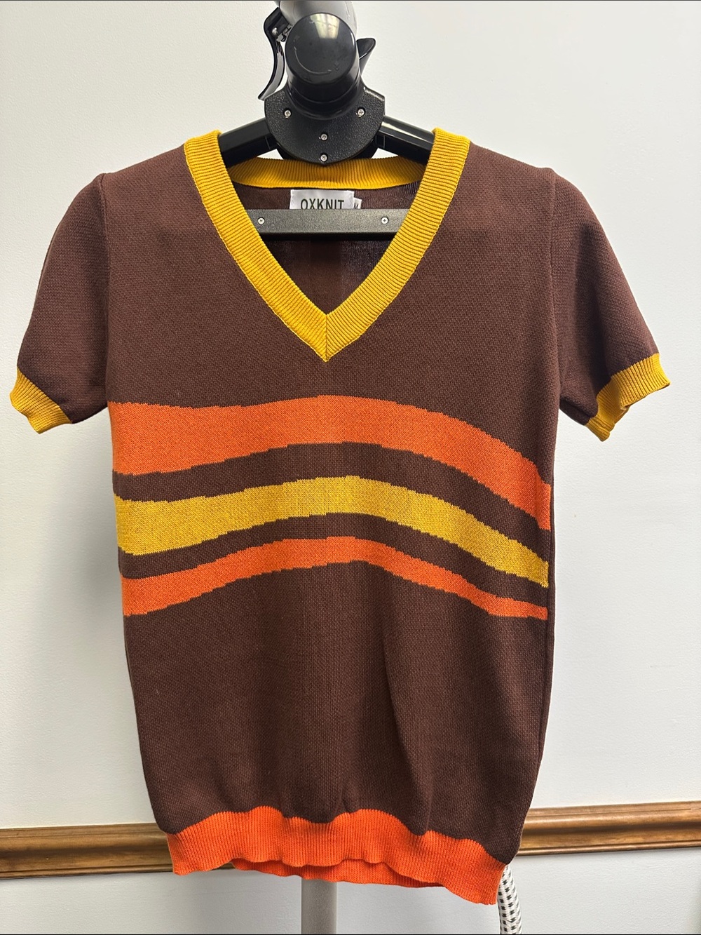 OXKNIT Women's Brown V-Neck Sweater with Orange & Yellow Stripe Accents